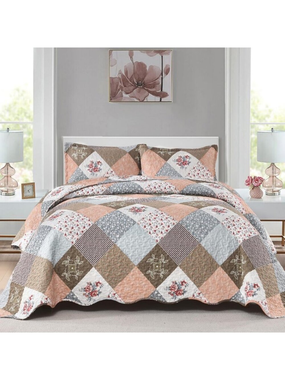 Boho Patchwork Twin Quilt Bedding Set, Floral Bedspread in Brown - Cozy